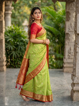 MIMOSA Olive Banarasi Art Silk Saree — model in a festive setting