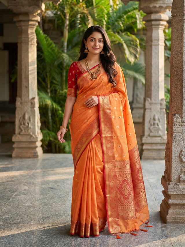 MIMOSA Peach Banarasi Art Silk Saree — full view on mannequin