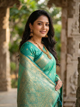 MIMOSA Rama Banarasi Art Silk Saree — model in a festive setting