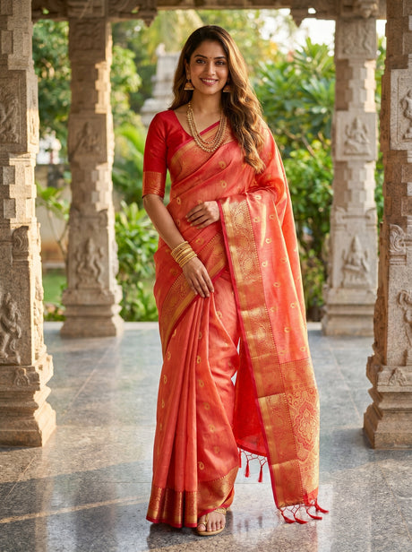 MIMOSA Strawberry Banarasi Art Silk Saree — full view on mannequin