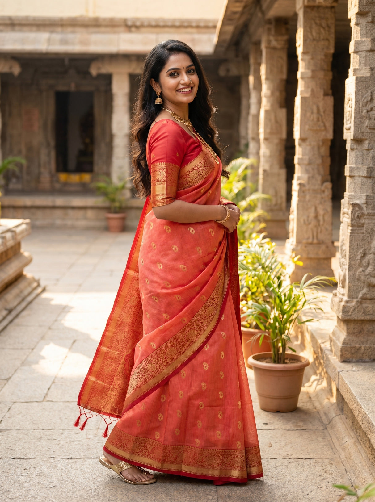 MIMOSA Strawberry Banarasi Art Silk Saree — model in a festive setting