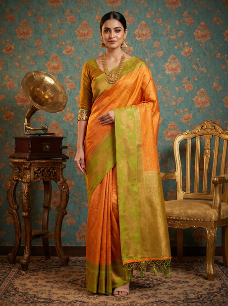 MIMOSA Gold Kanjivaram Art silk Saree — front view on mannequin