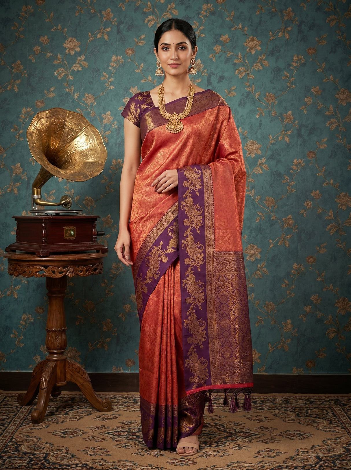 MIMOSA Maroon Kanjivaram Art silk Saree — front view on mannequin
