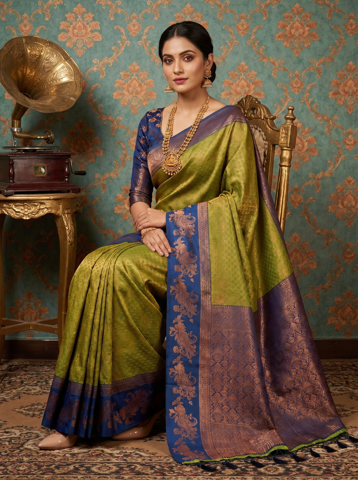 MIMOSA Olive Kanjivaram Art silk Saree — pose 8 styling detail