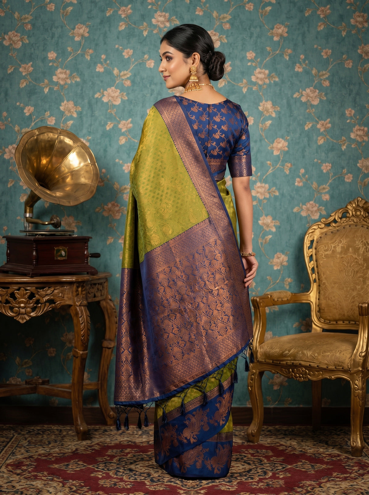 MIMOSA Olive Kanjivaram Art silk Saree — pose 9 styling detail