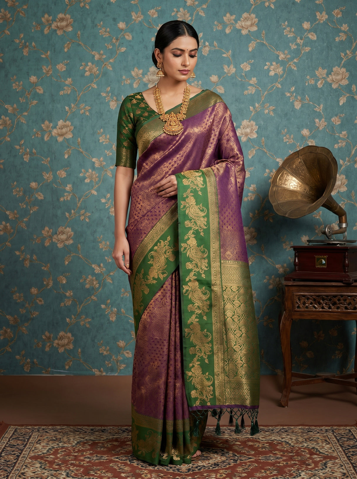 MIMOSA Wine Kanjivaram Art silk Saree — front view on mannequin