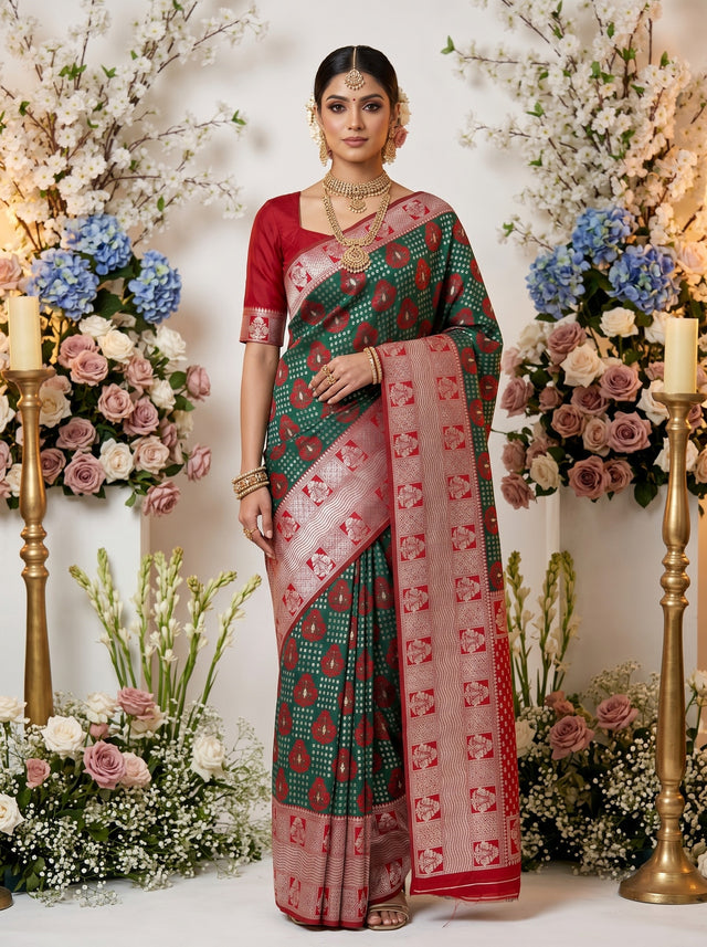MIMOSA Green Banarasi Art Silk Saree — AI Model Lifestyle Pose 1