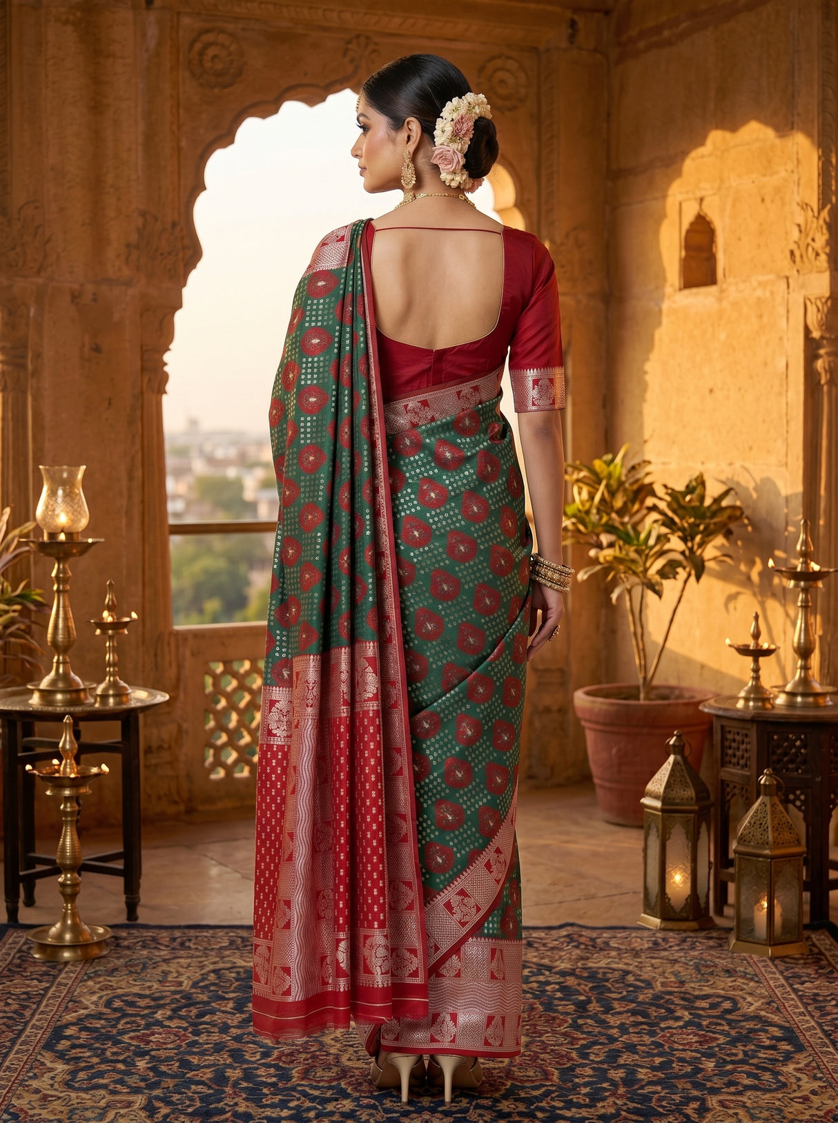MIMOSA Green Banarasi Art Silk Saree — pose 2 styling detail