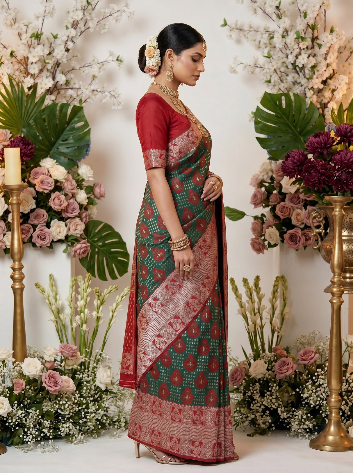 MIMOSA Green Banarasi Art Silk Saree — pose 3 styling detail