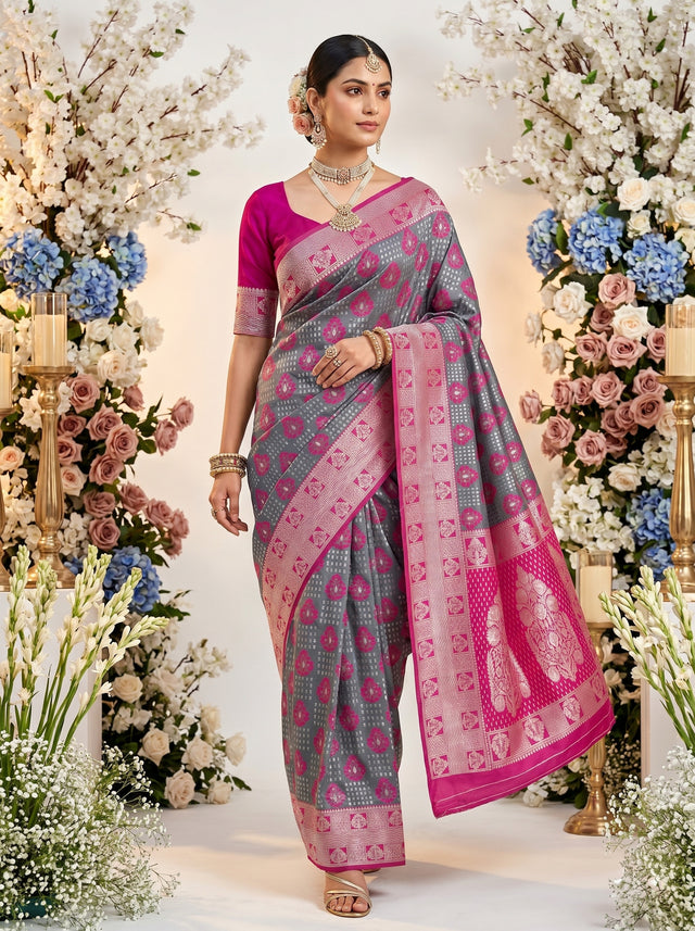 MIMOSA Grey Banarasi Art Silk Saree — AI Model Lifestyle Pose 1