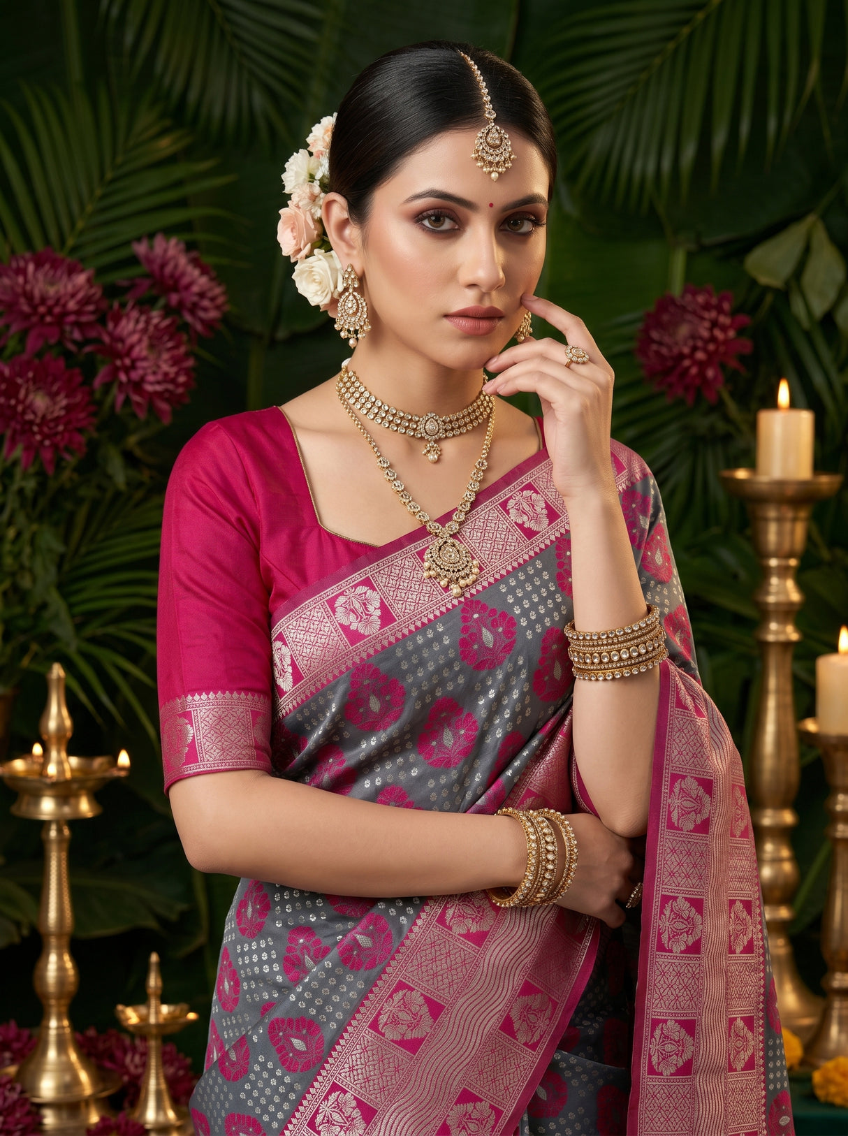 MIMOSA Grey Banarasi Art Silk Saree — pose 10 styling detail