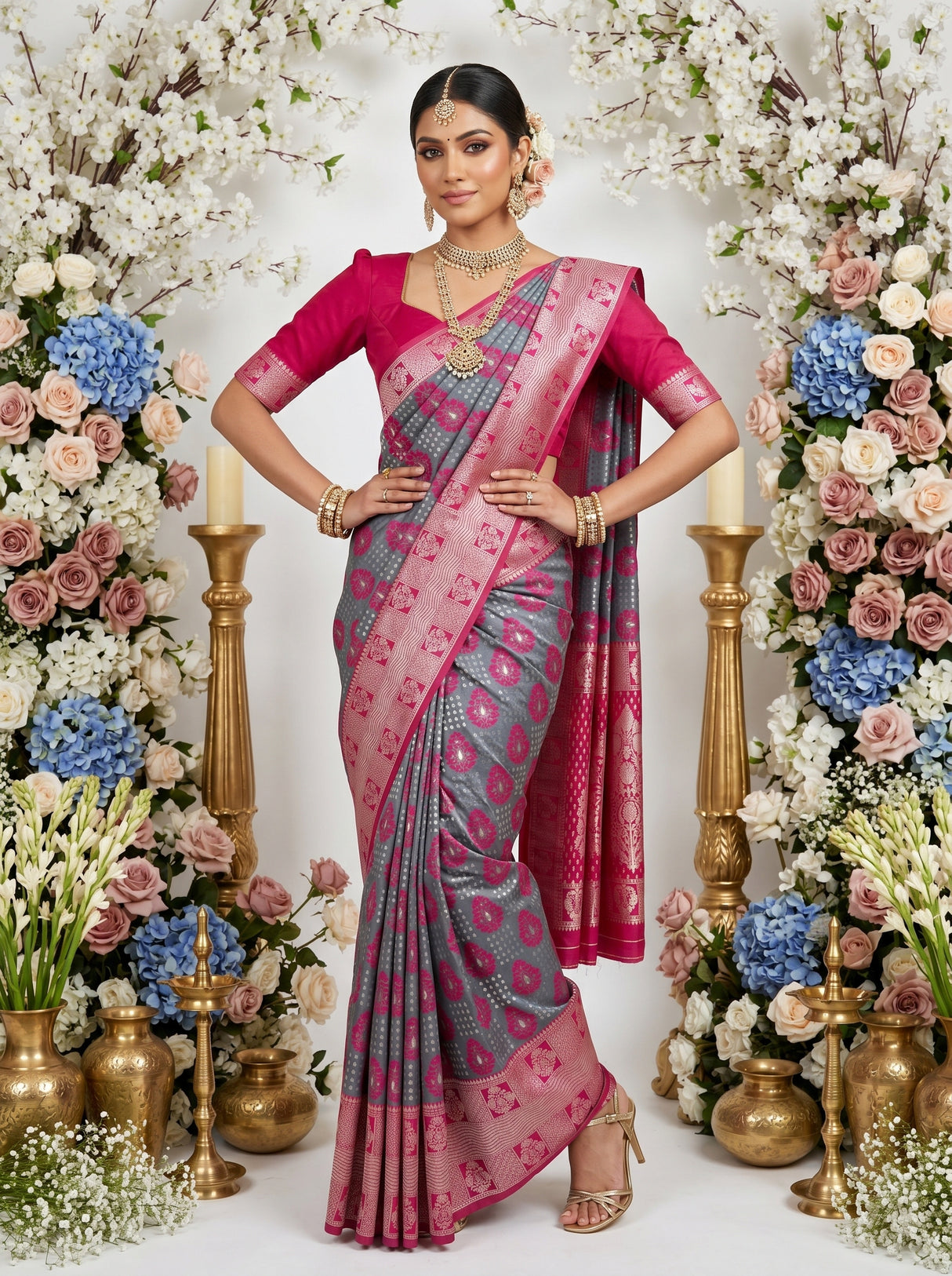 MIMOSA Grey Banarasi Art Silk Saree — pose 4 styling detail