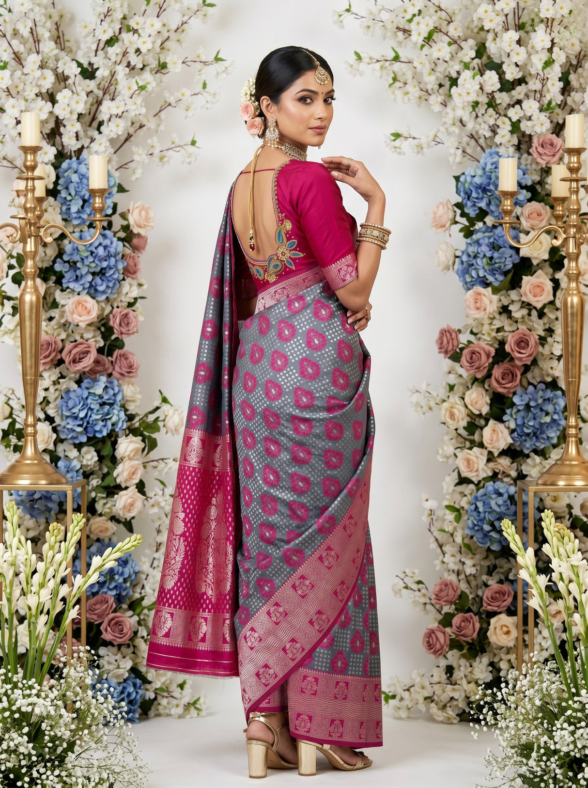 MIMOSA Grey Banarasi Art Silk Saree — pose 7 styling detail