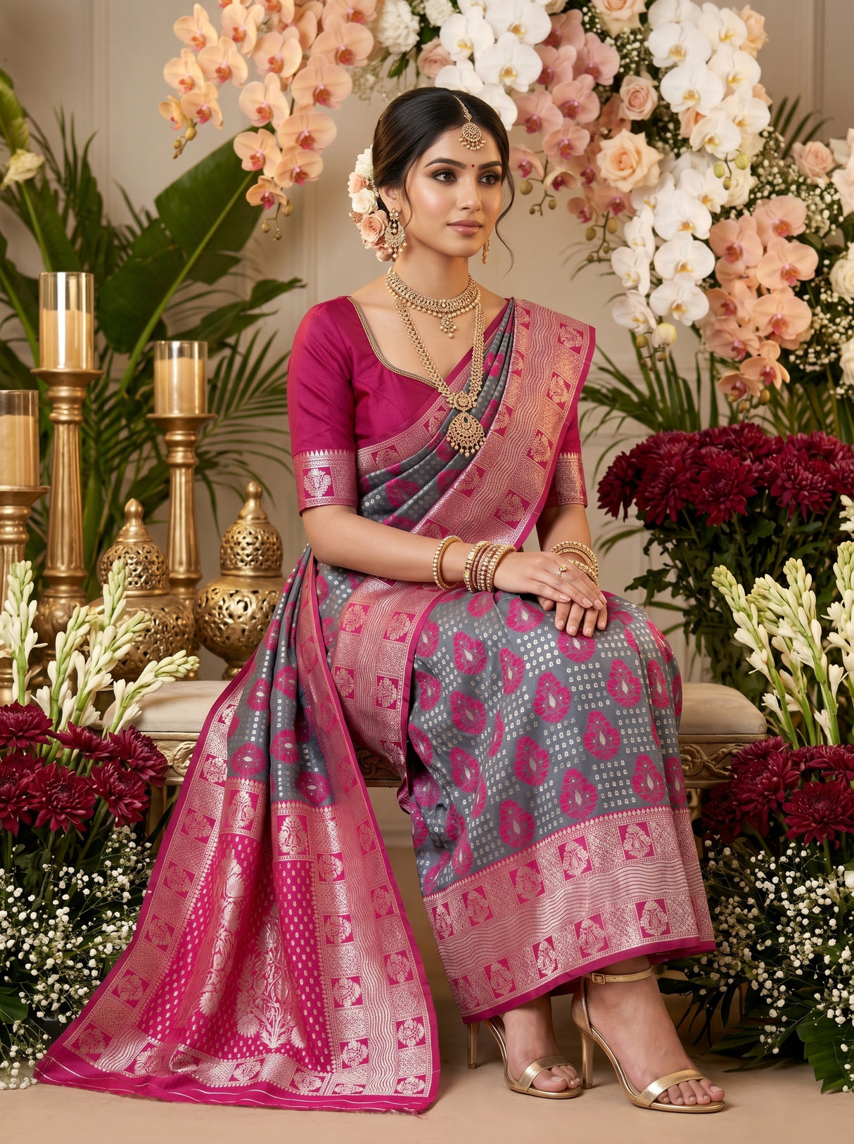 MIMOSA Grey Banarasi Art Silk Saree — pose 8 styling detail