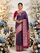 MIMOSA Navy Banarasi Art Silk Saree — AI Model Lifestyle Pose 1