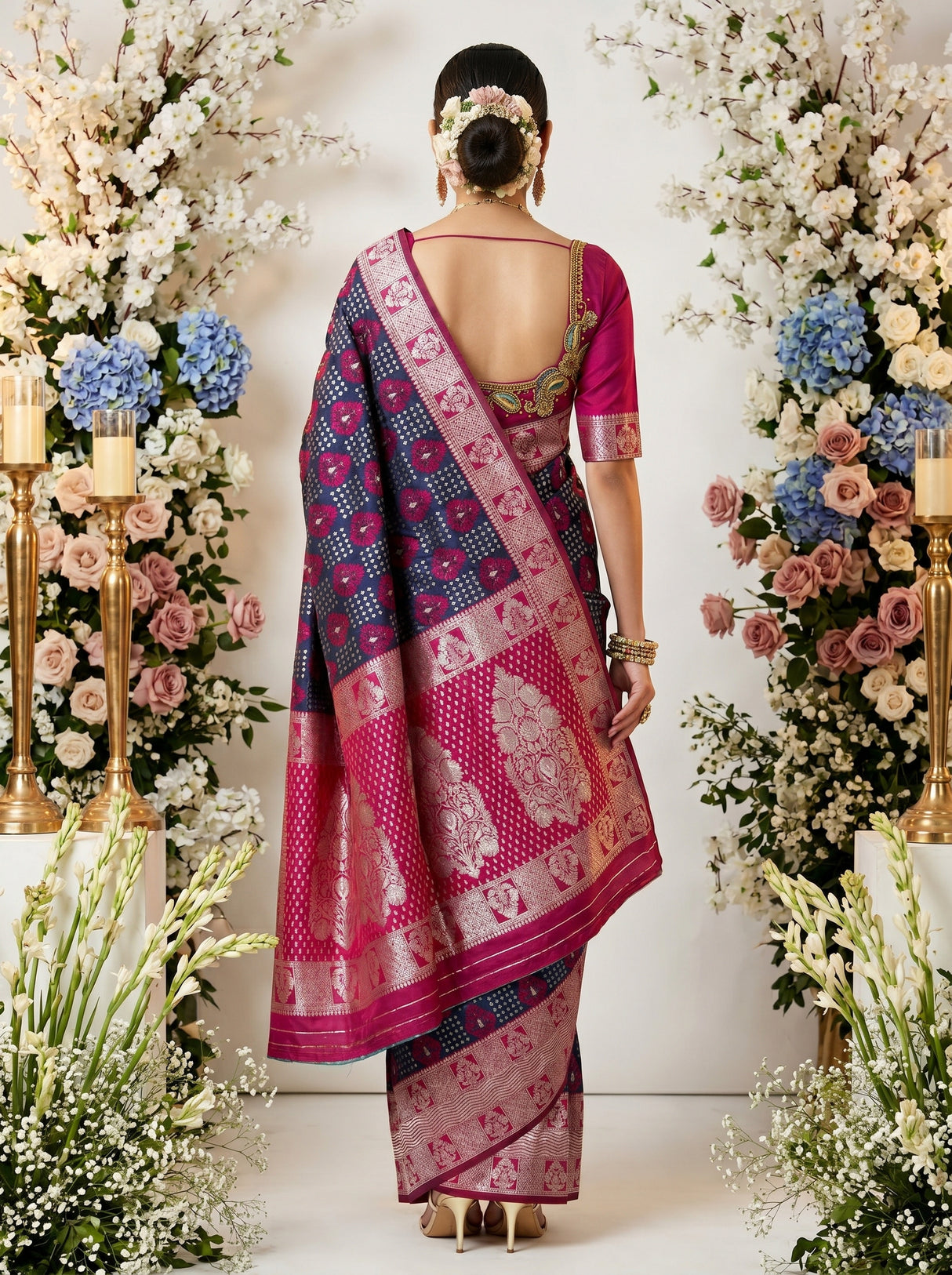 MIMOSA Navy Banarasi Art Silk Saree — pose 2 styling detail