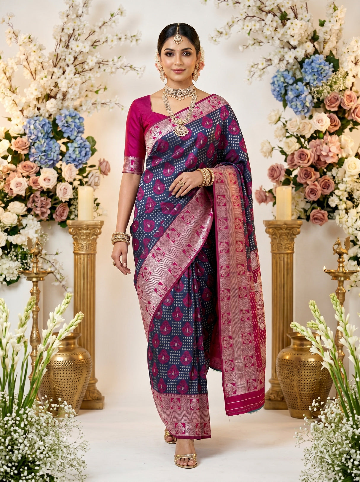 MIMOSA Navy Banarasi Art Silk Saree — pose 6 styling detail