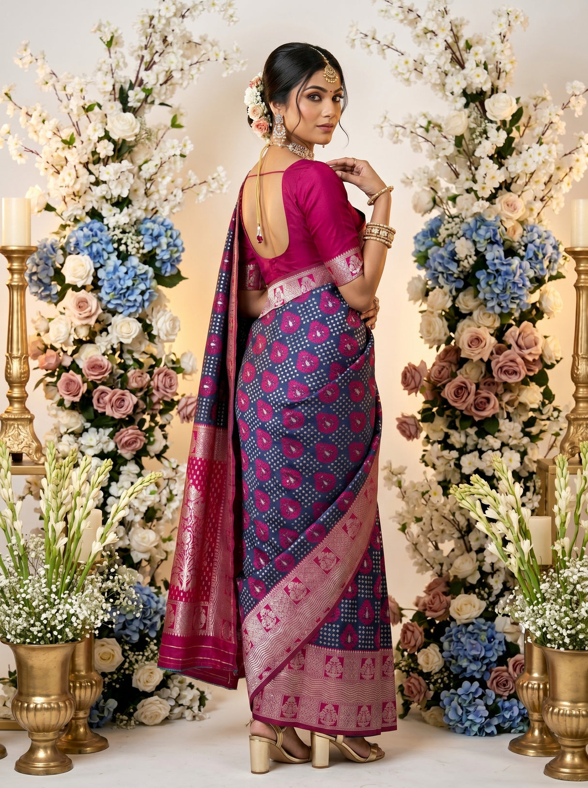 MIMOSA Navy Banarasi Art Silk Saree — pose 7 styling detail