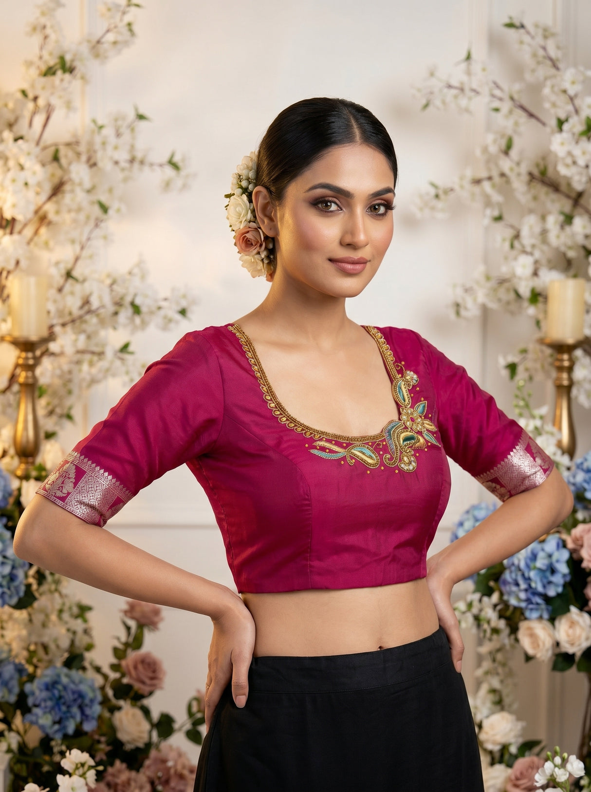 MIMOSA Navy Banarasi Art Silk Saree — blouse close-up
