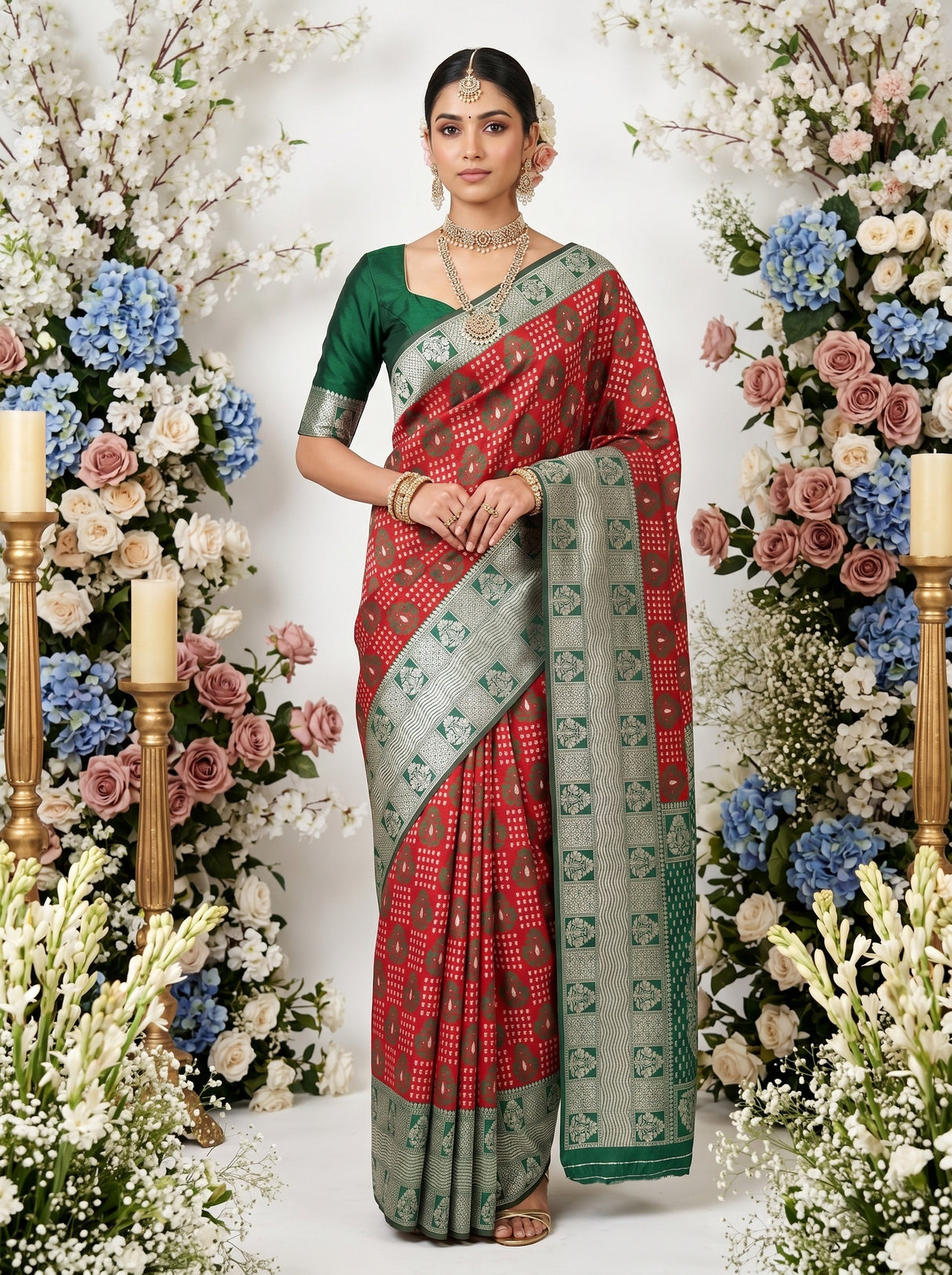 MIMOSA Red Banarasi Art Silk Saree — AI Model Lifestyle Pose 1
