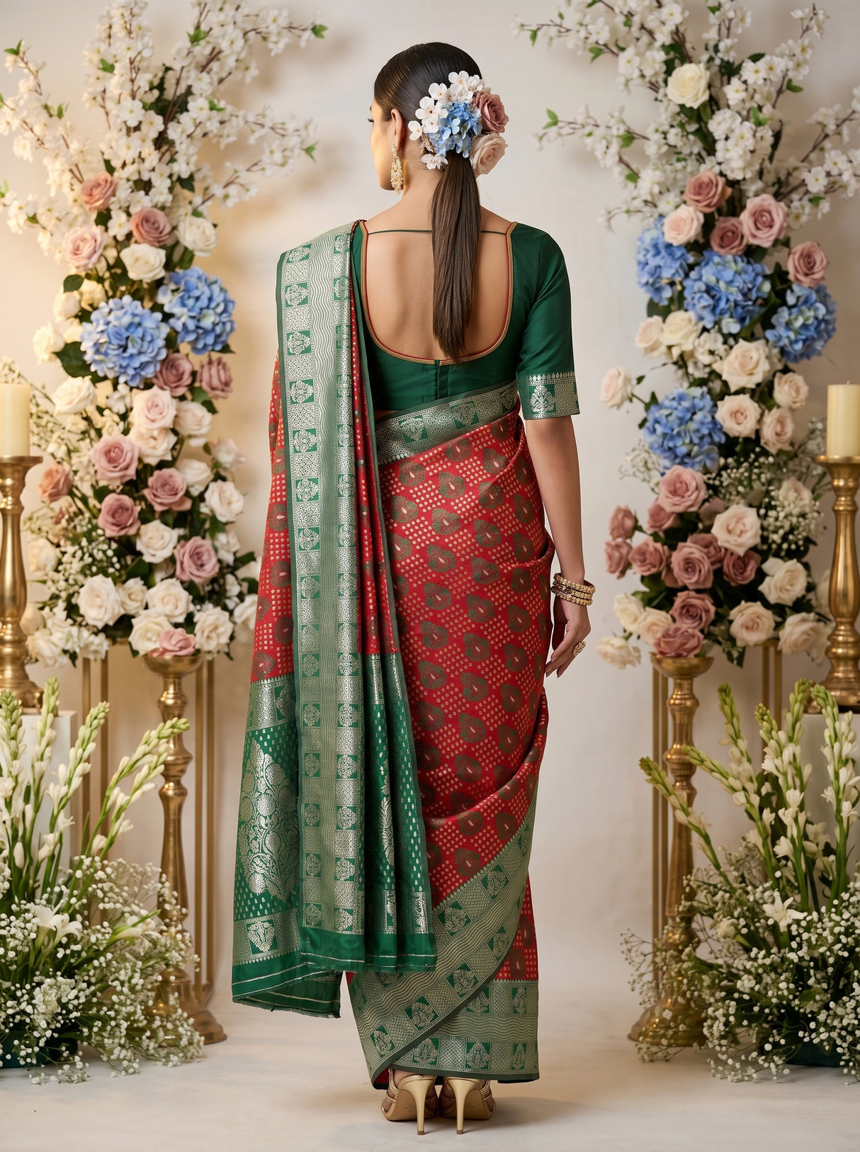 MIMOSA Red Banarasi Art Silk Saree — pose 2 styling detail