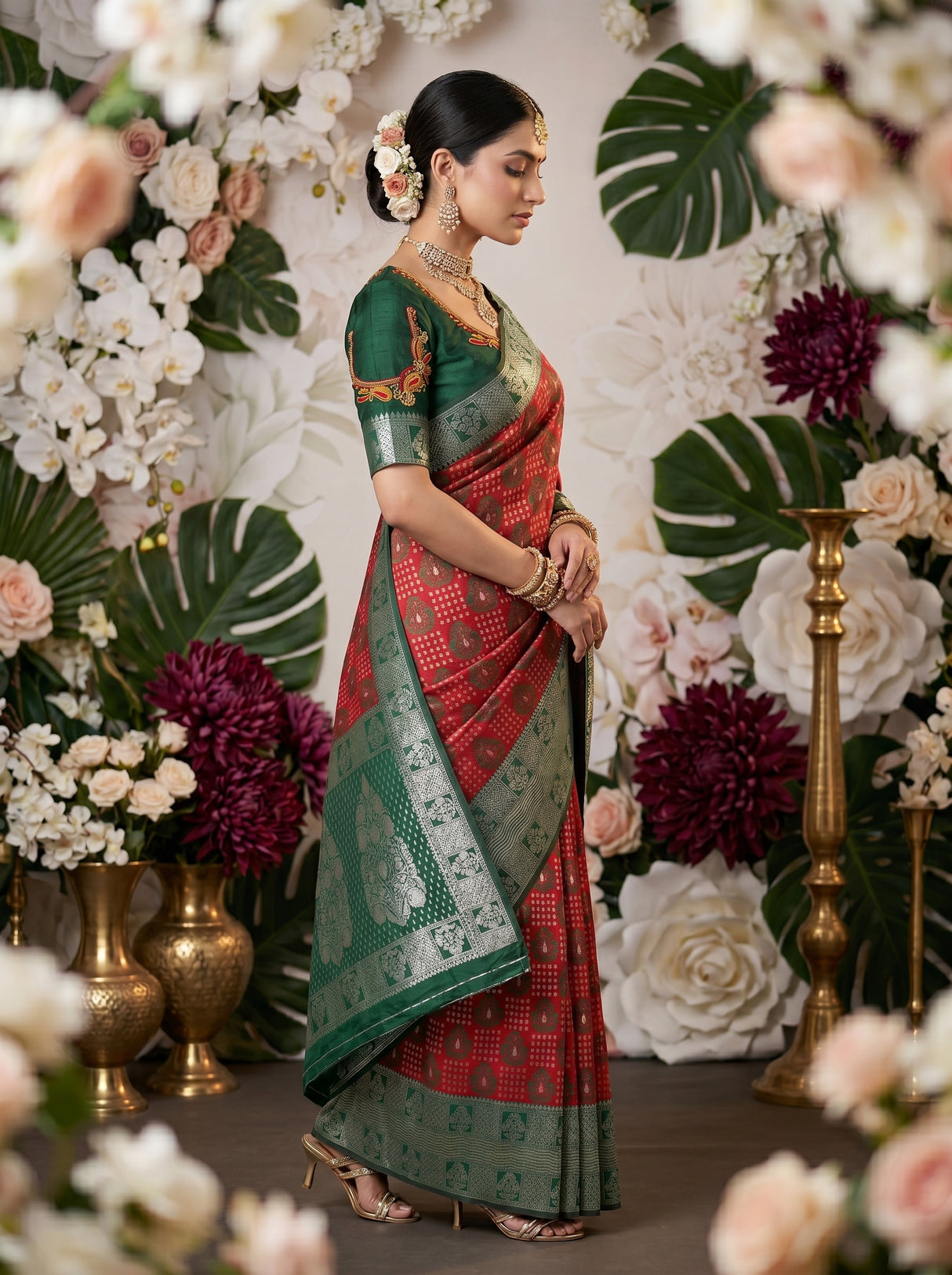 MIMOSA Red Banarasi Art Silk Saree — pose 3 styling detail