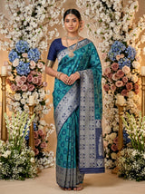 MIMOSA Sapphire Banarasi Art Silk Saree — AI Model Lifestyle Pose 1