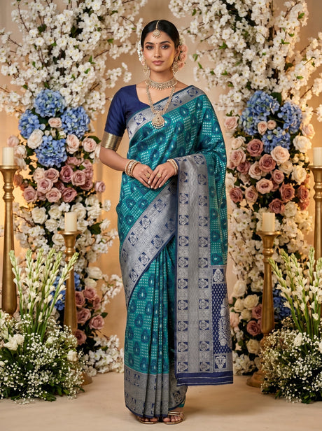 MIMOSA Sapphire Banarasi Art Silk Saree — AI Model Lifestyle Pose 1