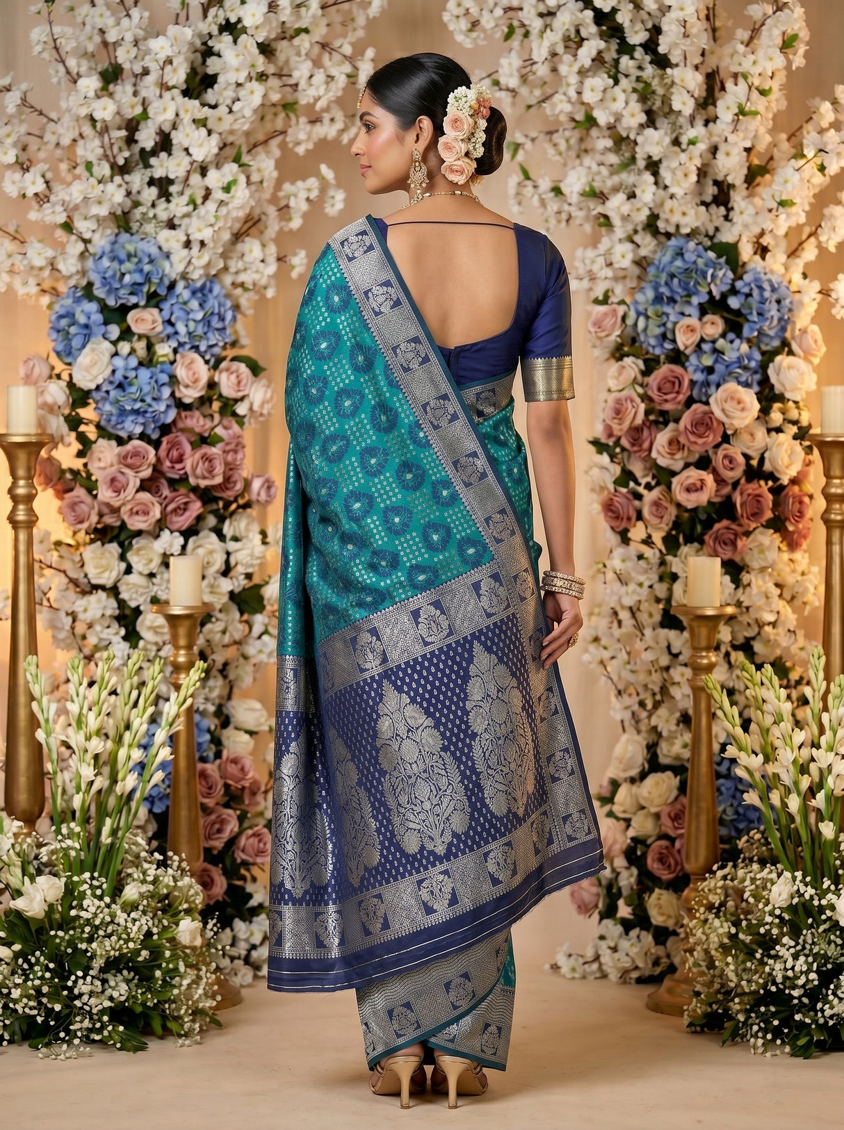 MIMOSA Sapphire Banarasi Art Silk Saree — pose 2 styling detail