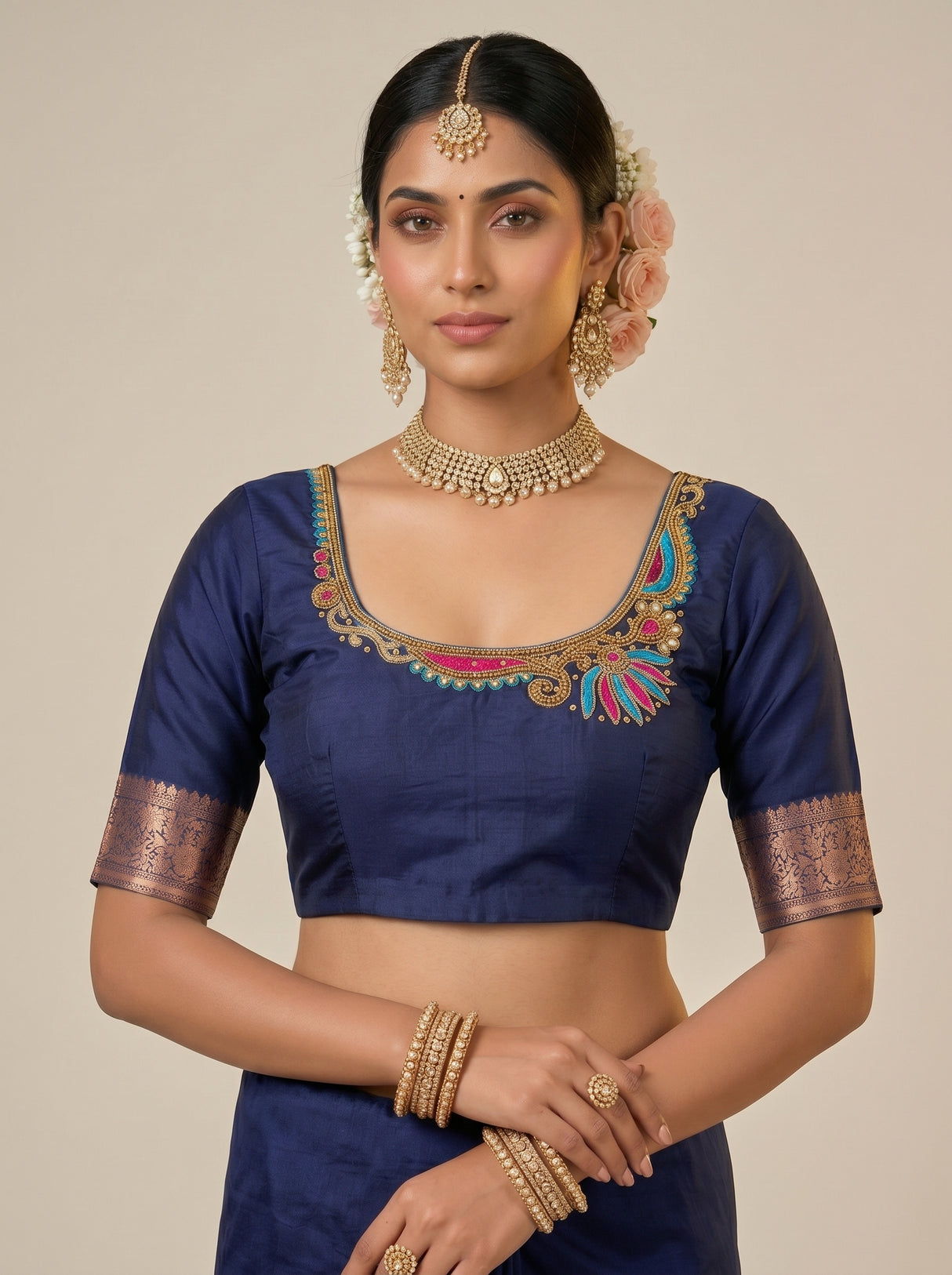 MIMOSA Sapphire Banarasi Art Silk Saree — blouse close-up