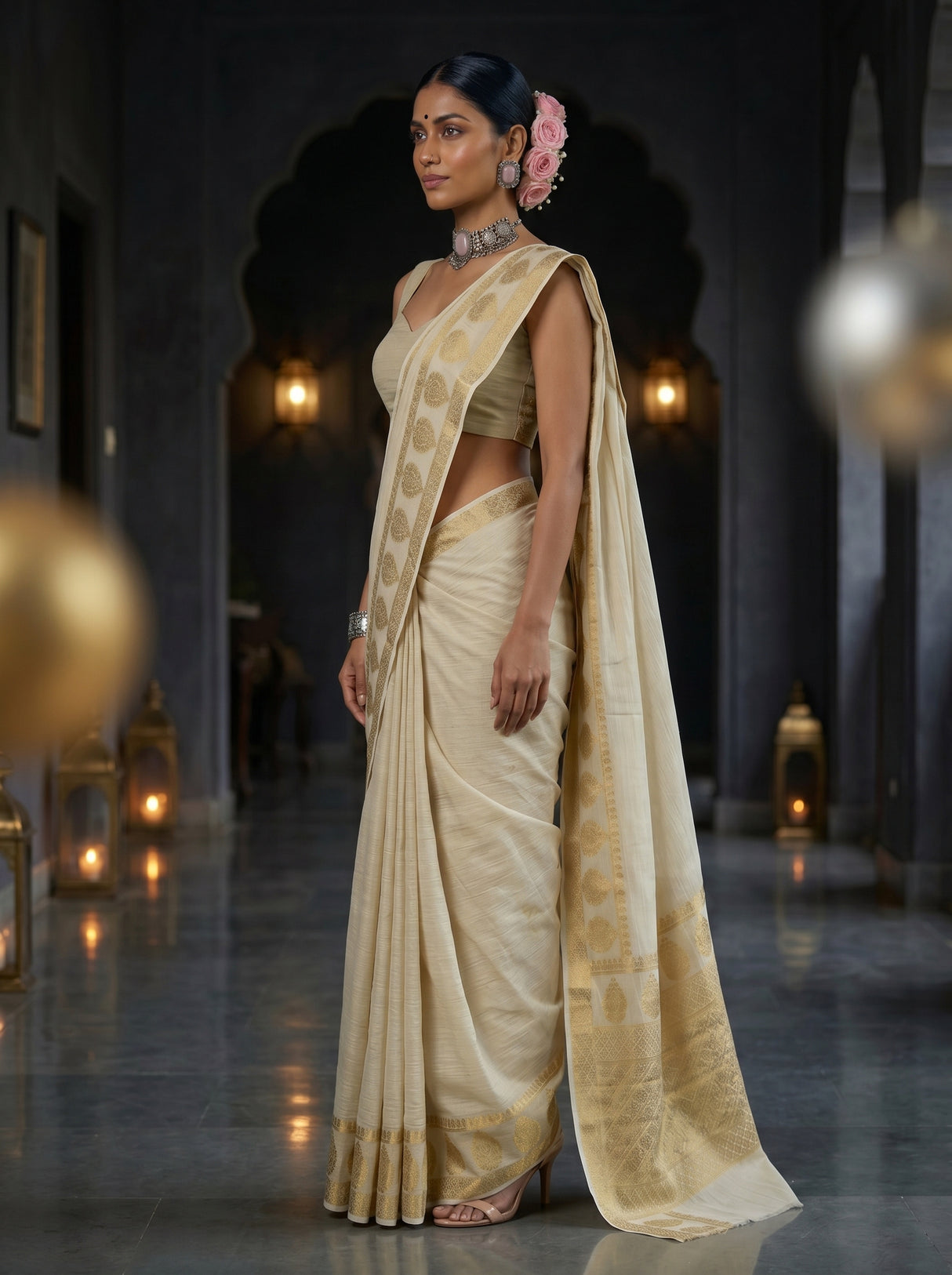 MIMOSA White Kanjivaram Saree — pose 3 styling detail