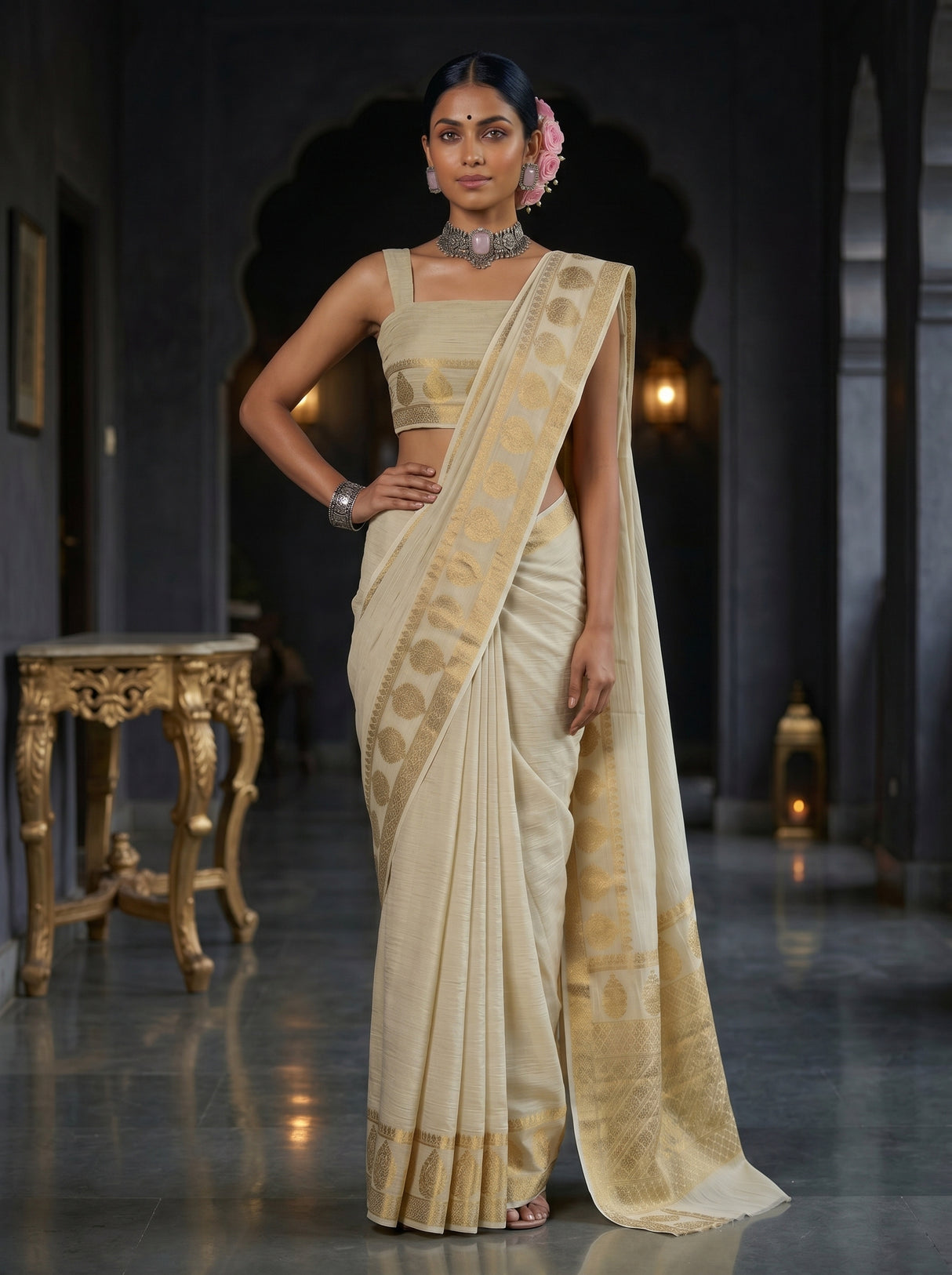 MIMOSA White Kanjivaram Saree — pose 4 styling detail
