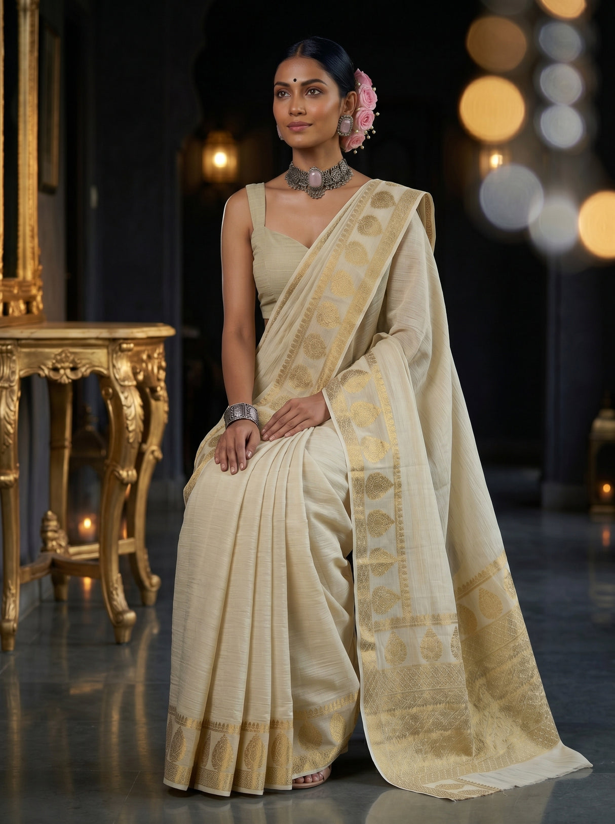 MIMOSA White Kanjivaram Saree — pose 8 styling detail