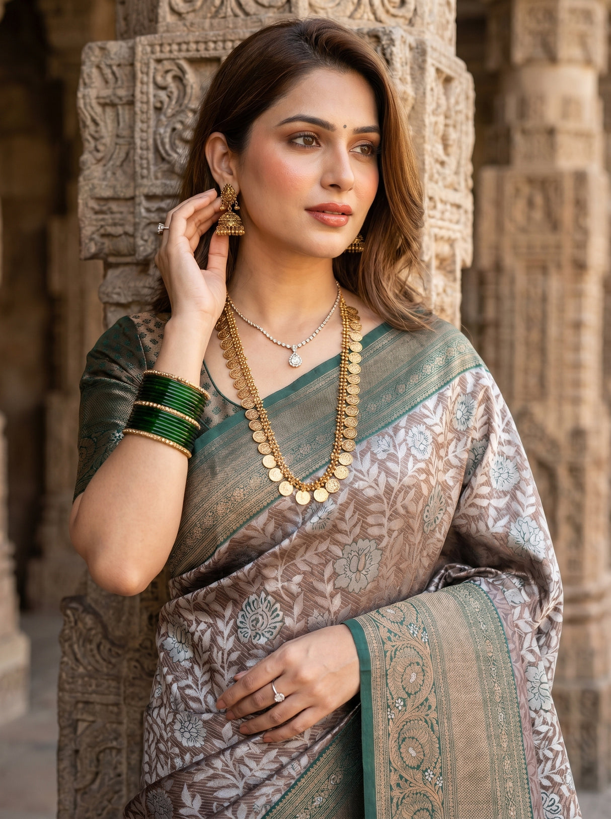MIMOSA Green Kanjivaram Art silk Saree — pose 10 styling detail