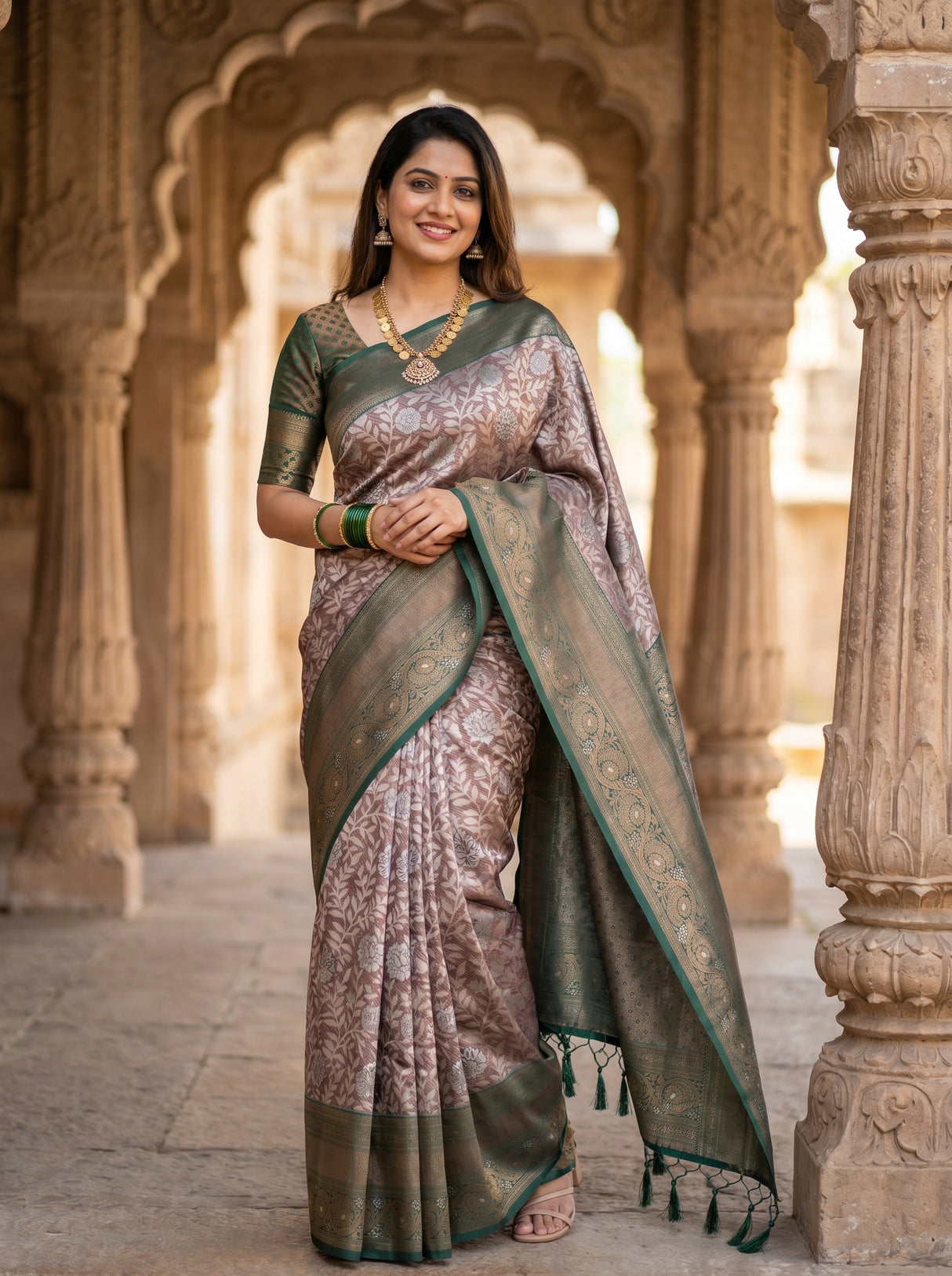 MIMOSA Green Kanjivaram Art silk Saree — Model lifestyle view