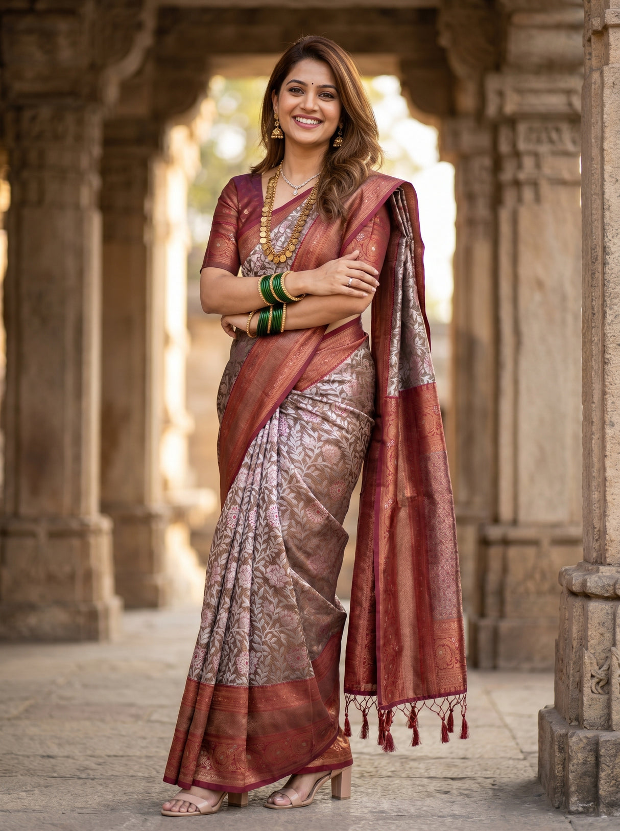 MIMOSA Maroon Kanjivaram Art silk Saree — Model lifestyle view