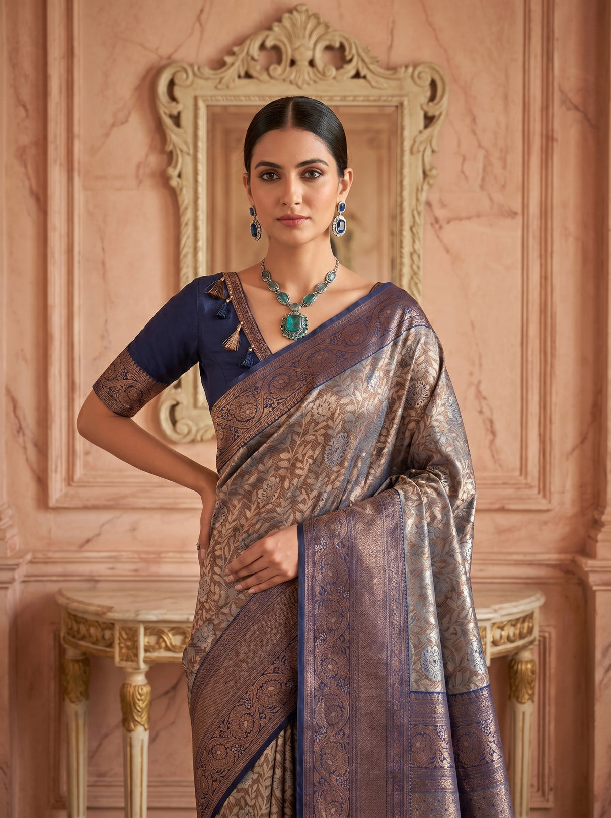 MIMOSA Navy Kanjivaram Art silk Saree — Mannequin draped view