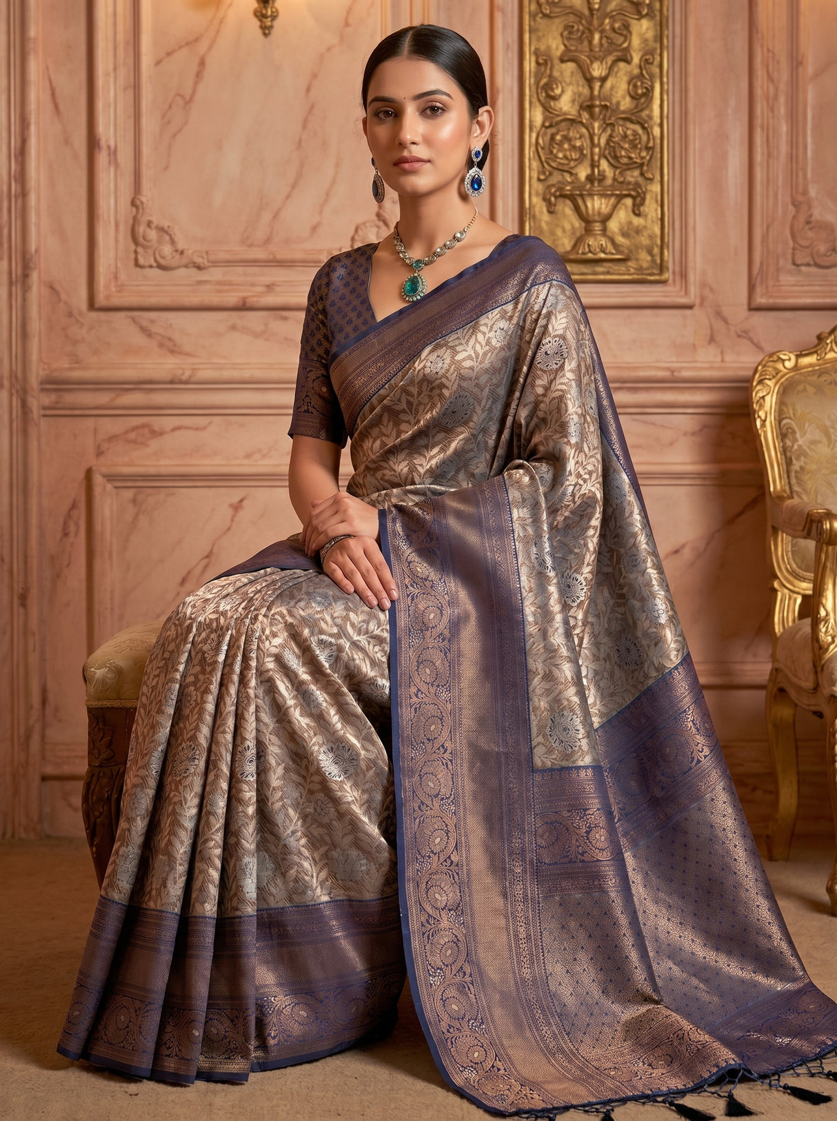 MIMOSA Navy Kanjivaram Art silk Saree — pose 8 styling detail
