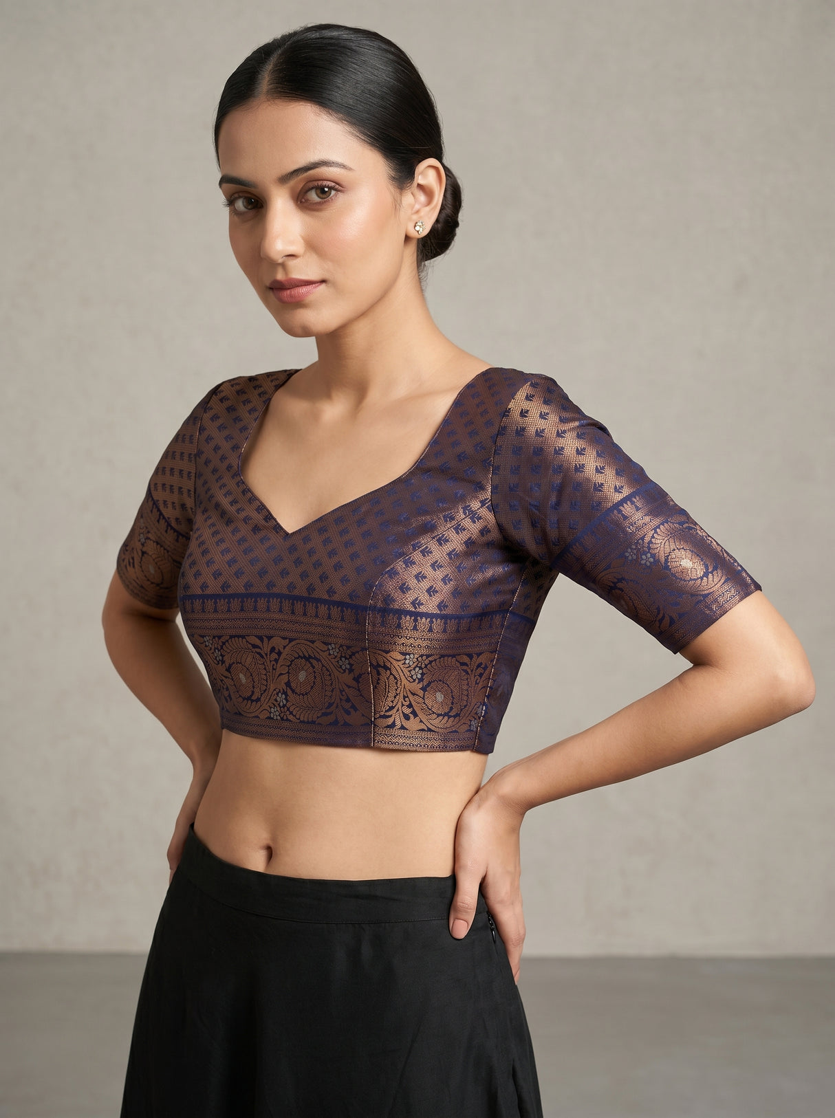 MIMOSA Navy Kanjivaram Art silk Saree — blouse close-up