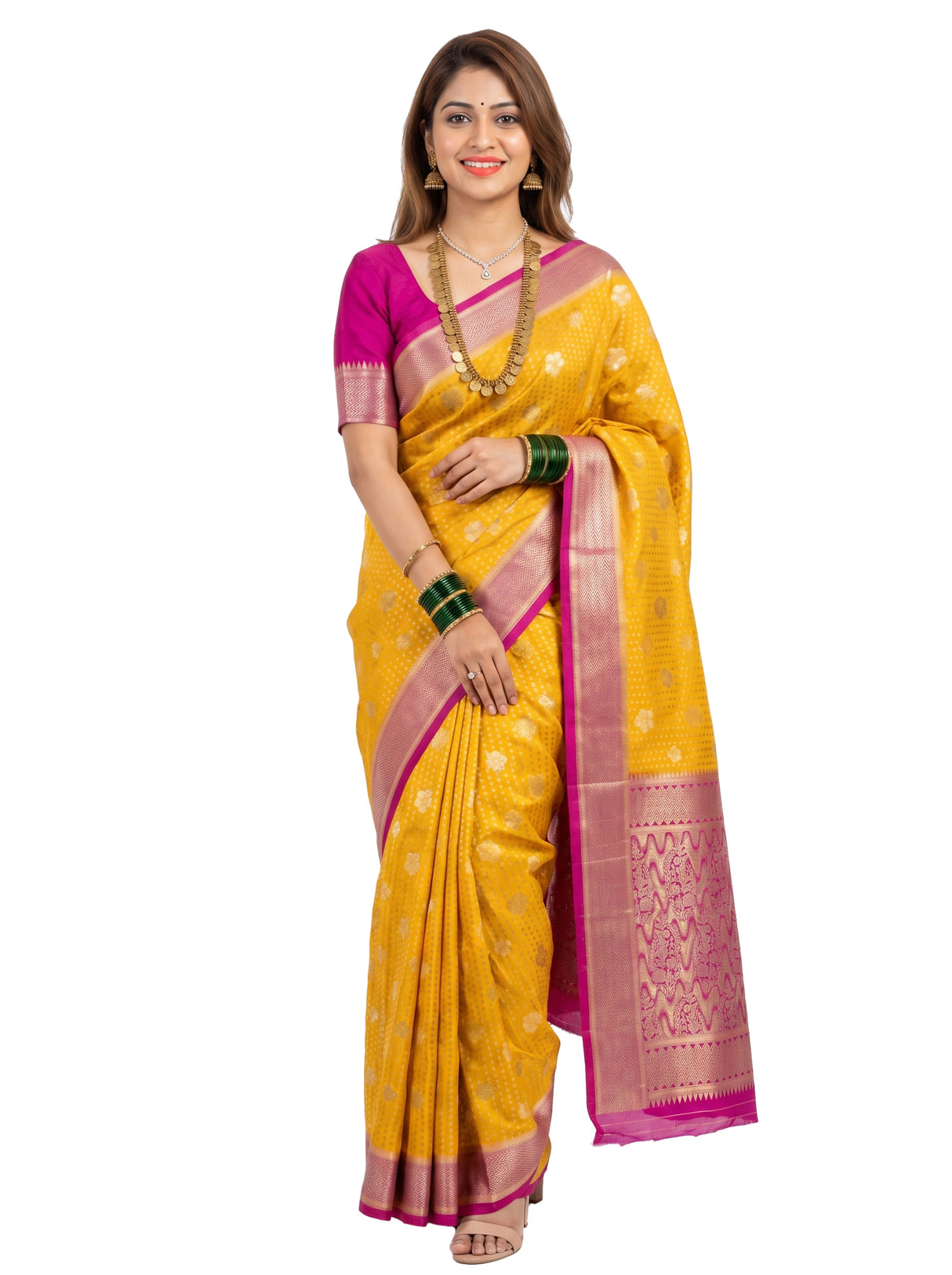 MIMOSA Parrot Royal Blue Mysore Silk crepe Saree — Full View on Model