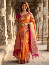 MIMOSA Parrot Royal Blue Mysore Silk crepe Saree — Full View on Model