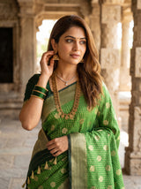 MIMOSA Parrot Royal Blue Mysore Silk crepe Saree — pose 10 styling detail