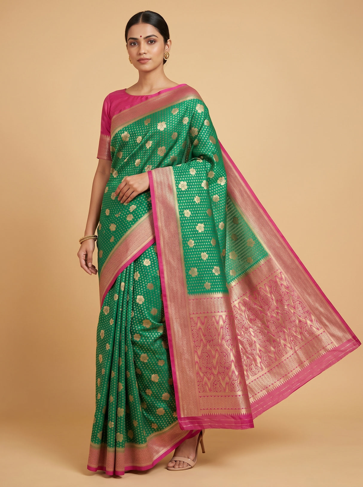 MIMOSA Parrot Royal Blue Mysore Silk crepe Saree — Full View on Model
