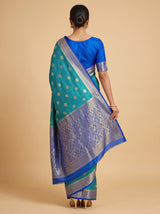 MIMOSA Parrot Royal Blue Mysore Silk crepe Saree — Unstitched Blouse Fabric