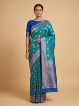 MIMOSA Parrot Royal Blue Mysore Silk crepe Saree — Full View on Model