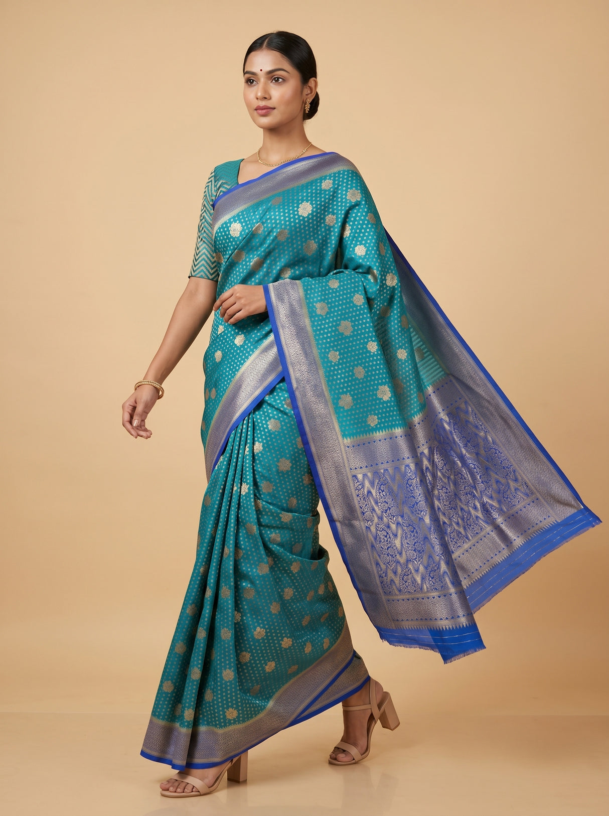 MIMOSA Parrot Royal Blue Mysore Silk crepe Saree — pose 7 styling detail