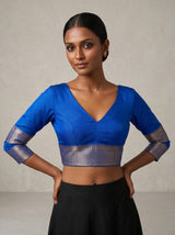 MIMOSA Parrot Royal Blue Mysore Silk crepe Saree — blouse close-up