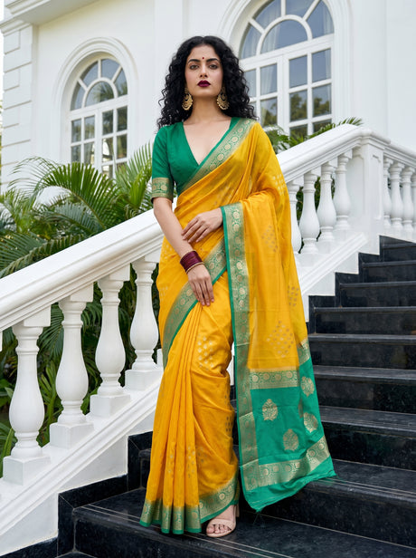 MIMOSA Gold Mysore Silk crepe Saree — Full view on mannequin