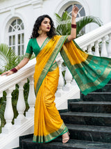 MIMOSA Gold Mysore Silk crepe Saree — Model pose on stairs