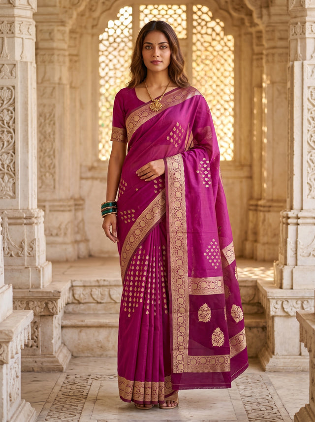 MIMOSA Magenta Mysore Silk crepe Saree — Full view on mannequin